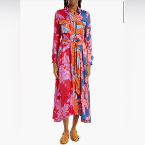 New Farm Rio Floral Print Tie Waist Long Sleeve Midi Dress - Size Small in Pink